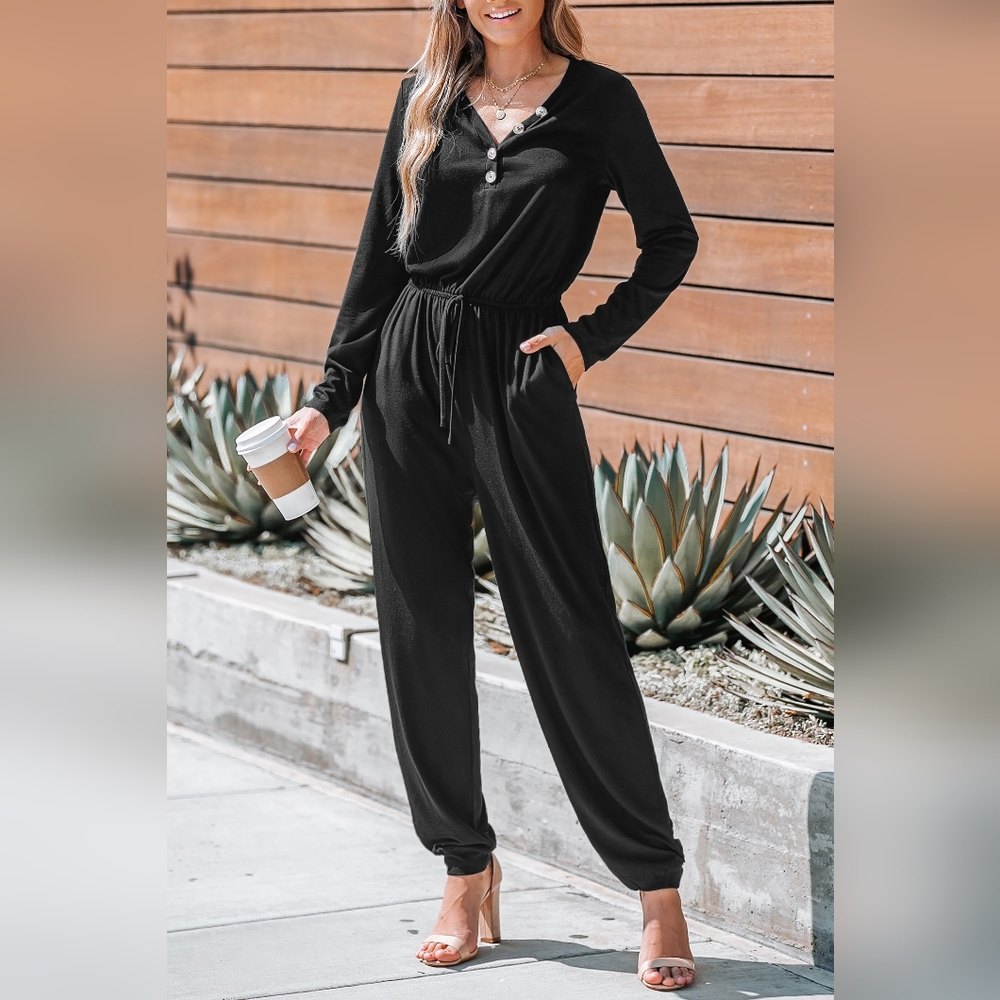 Cupshe Shadow Black Drawstring Waist Jumpsuit